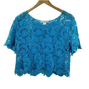 Demanding Crop Top Womens Large Crochet Cropped Boho Teal Blue Short Sleeve Y2K